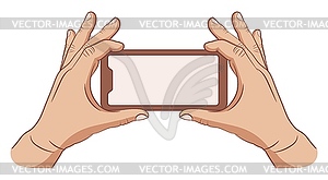 Two human hands of European men who hold mobile - vector clip art