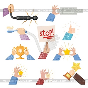 Set of cartoon hands with objects - vector clipart