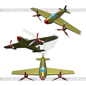 Combat aircraft with propeller. Set of polygonal - color vector clipart