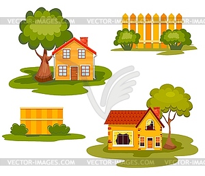 Set of small rural houses with fences and trees - vector image