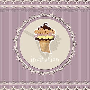 Vintage card--invitation--with cupcake on purple - vector image