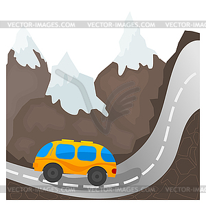 Cartoon bus on mountain road - vector image