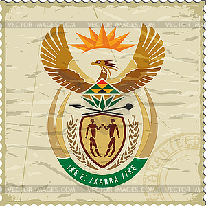 Coat of arms of South Africa on old postage stamp - vector image