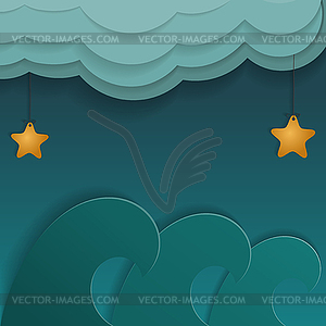 Cartoon sea, stars and clouds - vector clipart