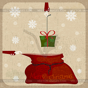 Bag of Santa Claus on vintage background. Postcard - vector image