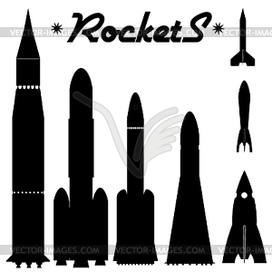 Set of silhouettes of rockets - vector image