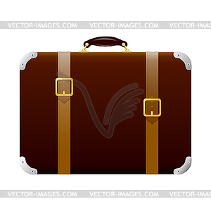 Коричневый чемодан с ремнями и пряжками. Марочный - векторное изображение EPS