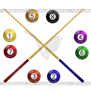 Two cue and billiard balls - vector clipart