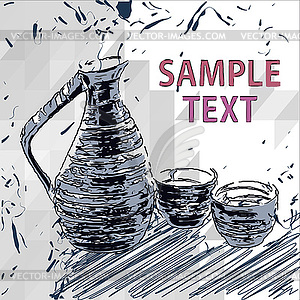 Бутылку саке и чашки, рисунки - векторное изображение