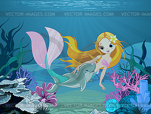 Mermaid and dolphin background - vector clipart