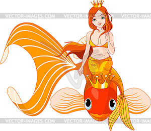 Mermaid riding on golden fish - stock vector clipart