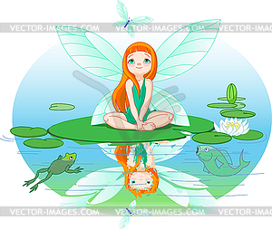 Fairy observes for flying butterfly - vector image