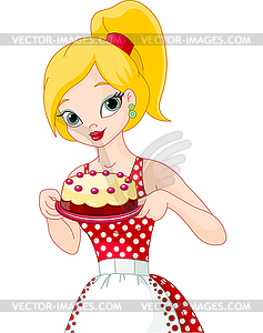 Young Woman Holding Cake - vector clip art