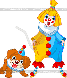 Funny Clown Girl and Clown Dog - vector clip art