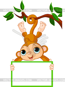 Baby monkey on tree holding blank sign - vector image