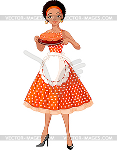 Young Lady Serving Cake - vector clip art