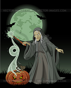 Halloween witch casts spell - vector image