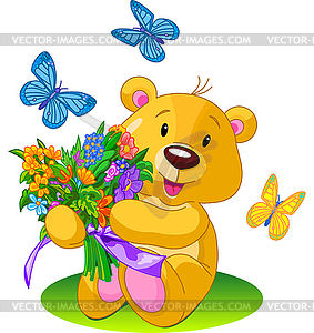 Bear Holding Bouquet - vector image