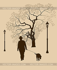 Одиночество, прогулка в парке мужчина с собакой - векторный дизайн