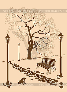 Loneliness, a walk in the park man with a dog - vector clipart