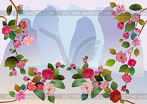 Sakura. Flowering plum, among the mountains of the east - vector clipart / vector image