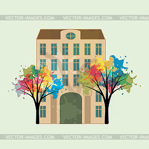 Building and trees - color vector clipart