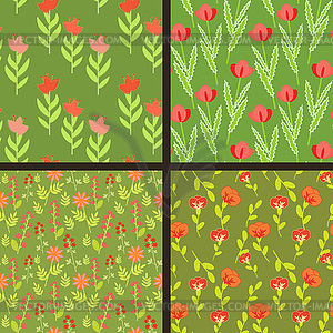 Four seamless floral pattern with red flowers - vector image