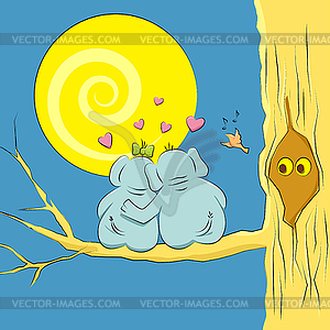 Loving couple elephants on branch of large tree - vector clipart / vector image