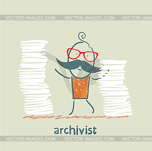 Archivist is standing near pile of papers - vector image