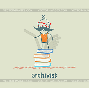 Archivist stands on pile of books - vector clipart