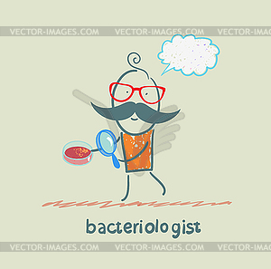 Bacteriologist looks through magnifying glass on - vector image