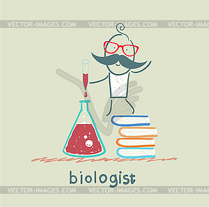 Biologist holding test tube and stands on pile of - vector clipart