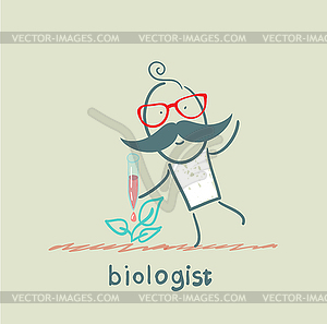 Biologist dripping out of tube at leaves - vector clip art