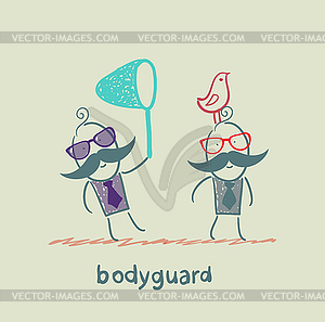 Bodyguard bird catches butterfly net - vector clipart