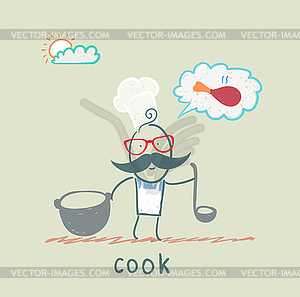 Cook standing with cauldron and ladle - vector image