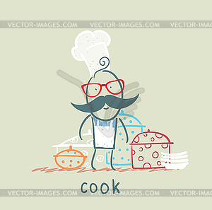 Cook stands next to pots - vector clip art