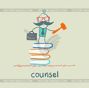 Counsel stands on pile of books - vector clip art
