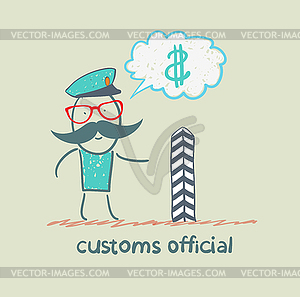 Customs officer thinks about money - vector image