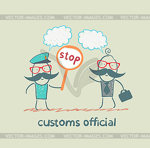 Customs officer holding stop sign - vector clip art