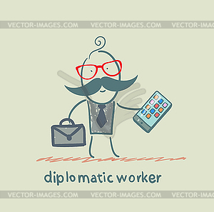 Diplomatic worker holds mobile - vector image