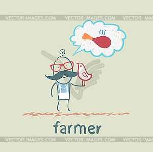 Farmer thinks of fried chicken - vector image