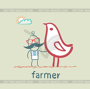 Farmer next to chicken - vector clipart