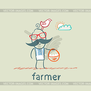 Farmer carries basket of eggs - vector clip art