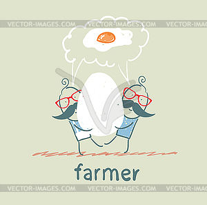 Farmer has huge egg with man and they think of frie - vector clipart