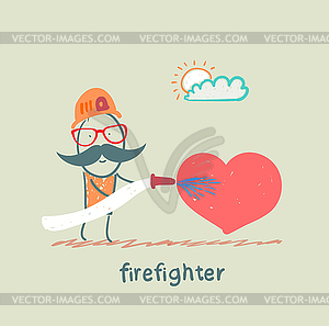 Firefighter extinguishes heart - vector clipart / vector image