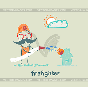 Firefighter extinguishes house - vector clip art