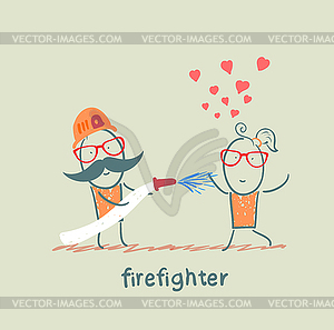 Firefighter extinguishes girl who fell in love - vector clip art