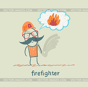 Firefighter thinks about fire - vector image