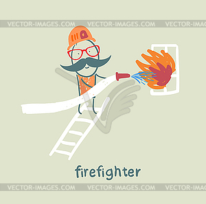 Firefighter puts out fire in window, standing on - vector clipart