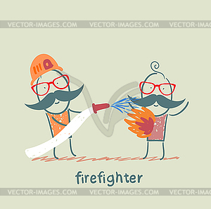 Firefighter quenches burning man - vector image